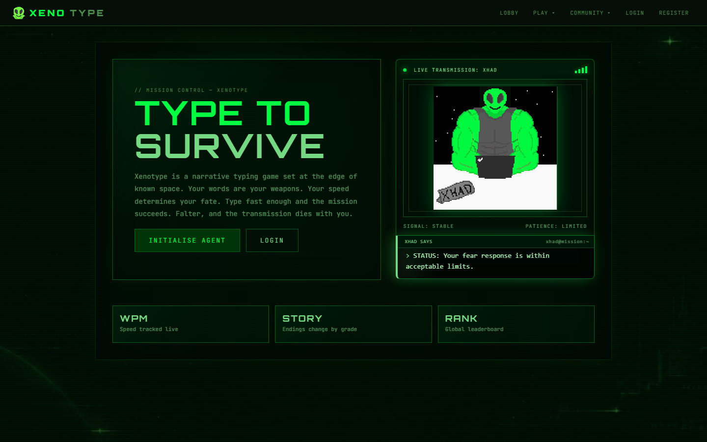 Xenotype lobby screen with mission briefing layout and terminal-inspired interface